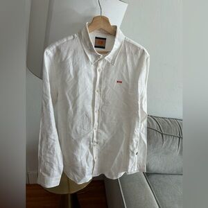 Boss Orange Label Mens White Linen Preppy Button Down Shirt Size M